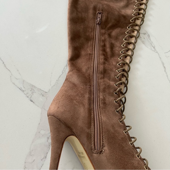 Thigh High Boots Heeled Laced Peep Toe Light Brown - Picture 3 of 7